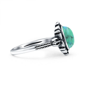 Vintage Style Petite Dainty Simulated Turquoise Ring Solid Oval Oxidized 925 Sterling Silver